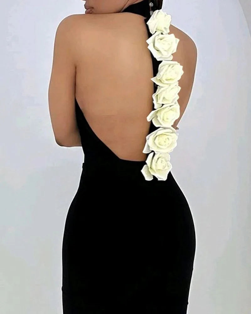 Elegant Rose Detail Dress Mock Neck Sleeveless Backless Bodycon