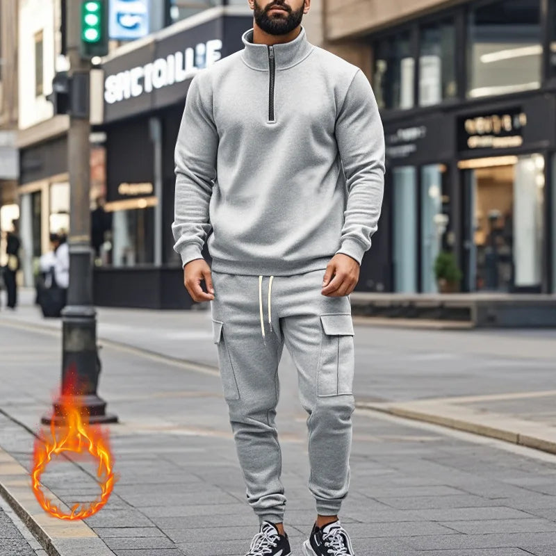 2024 autumn and winter men's casual velvet warm zipper sports trousers set