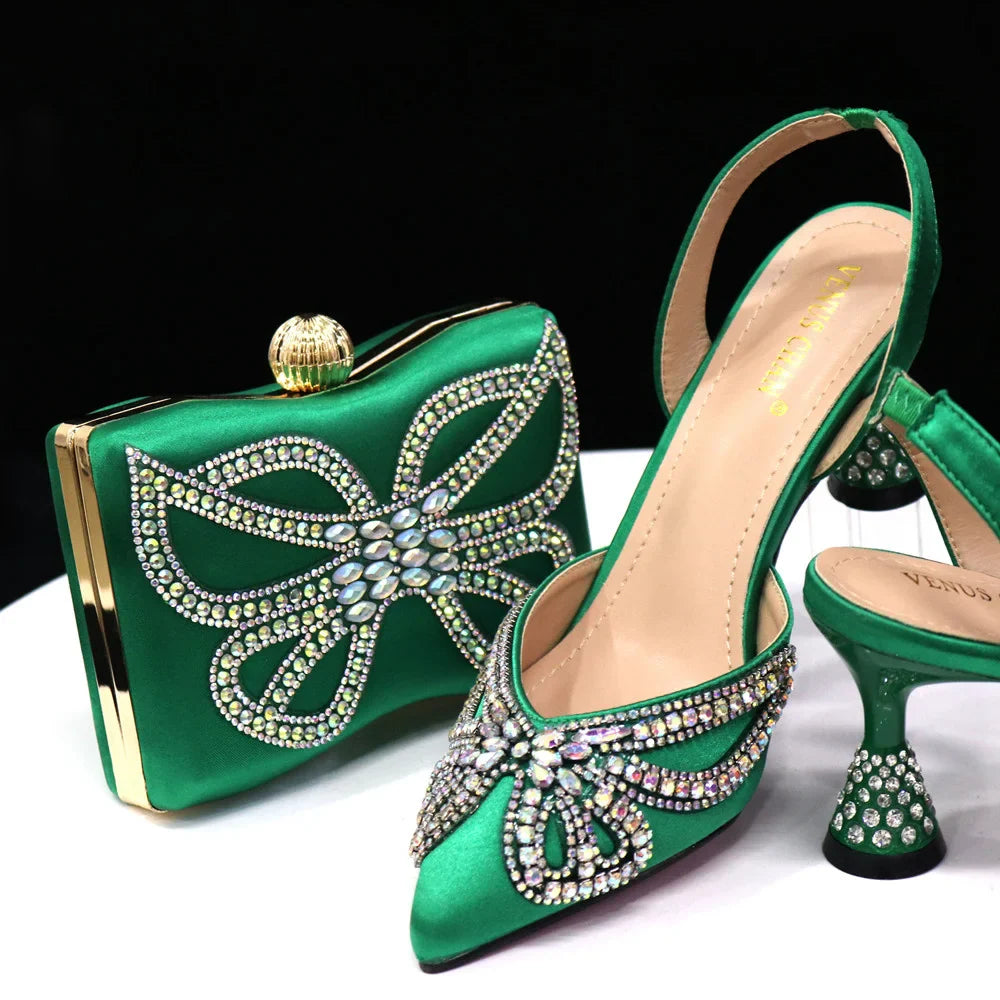 Elegant Green Bling Bow Pointed Toe Pumps for Women and Bags