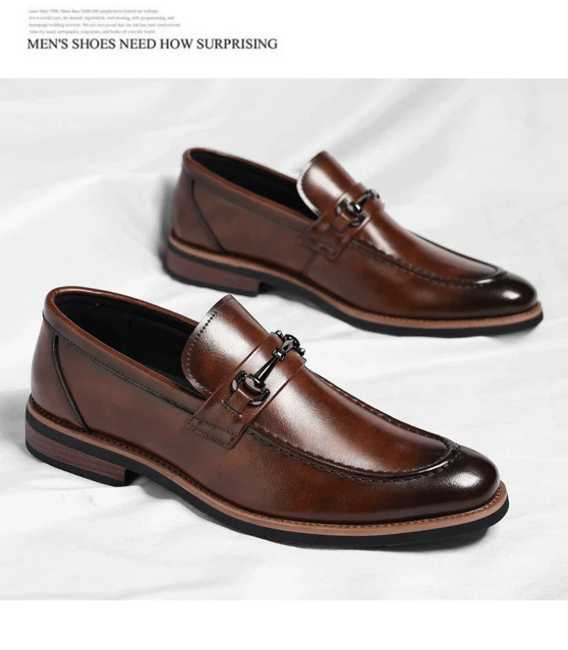 Mens Brown Burnished Genuine Leather Horsebit Loafers Slip On Formal Business Office Wedding Groom Daily Wear Shoes Simple New