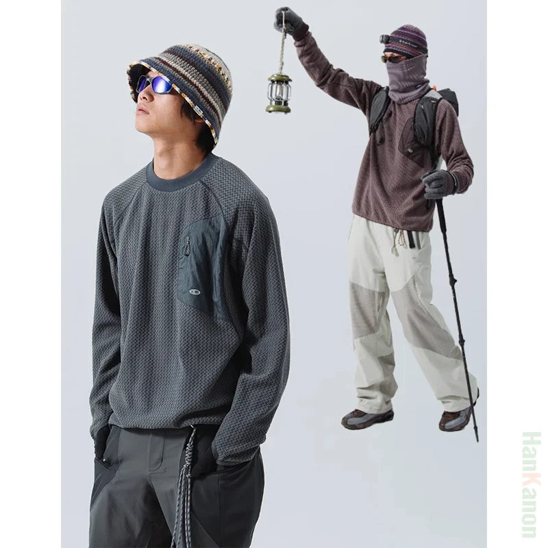 Mountain-Ready Crewneck: Engineered with Ribbed Neck, Reflective Logo, & Secure Chest Pocket for Outdoor Style Unisex