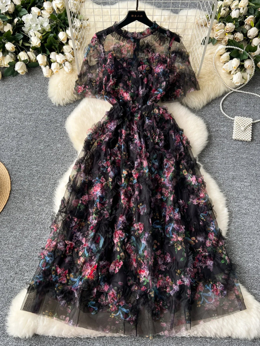 Runway Summer Autumn Holiday Floral Midi Tulle Prom Dress