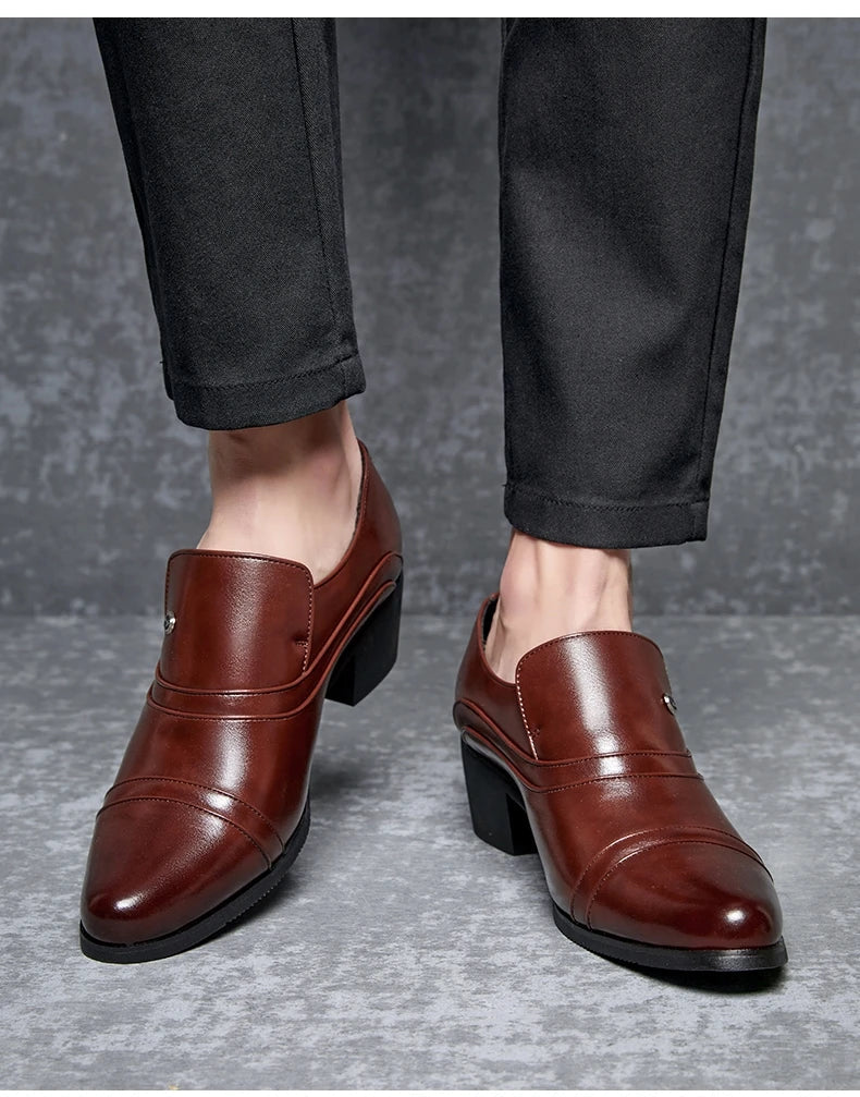 Men Business Formal Height Increasing Leather Shoes Classic Retro Elevated Loafers Lift Dress Shoes for Wedding Banquet Office