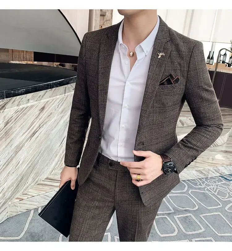 Suit Blazer+Pants Men Fashion Hosts British Style Work Business Wedding Casual Art Style Elegant Gentleman Cotton and Linen Suit
