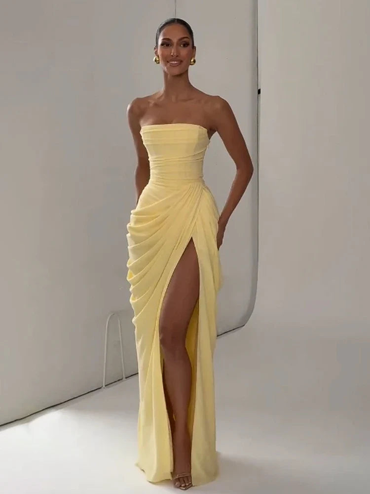 Elegant Solid Pleated Strapless Maxi Dress Yellow Off-shoulder Backless High Waist Split Robe 2026 New Lady Evening Party Gown