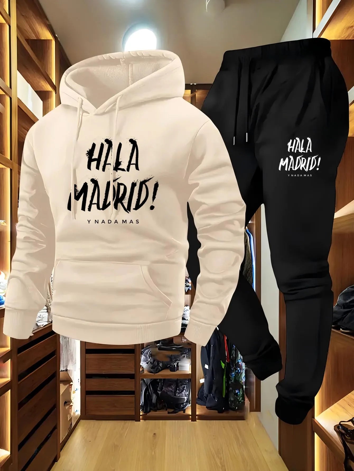Men's Hala Madrid Graphic Print Hoodie And Jogger Set Casual Loose Fit Polyester Knit Pullover with Elastic Material