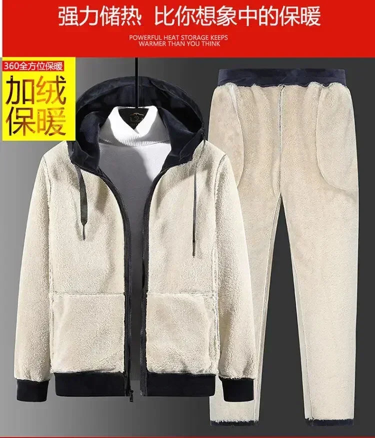 Men Sports Suits Tracksuit Sets Hoodies Casual Hooded Warm Sweatshirts+Pants Thicker Fleece New Jacket+Pants 2 Pieces Velvet Set
