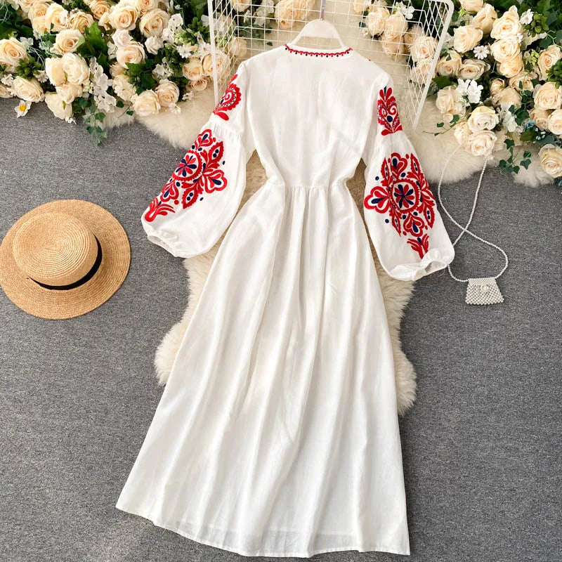 Embroidered Flower Long Sve Loose Fit Lantern Sve Gathered Slimming A-Line Dr Women's round Ne Dr