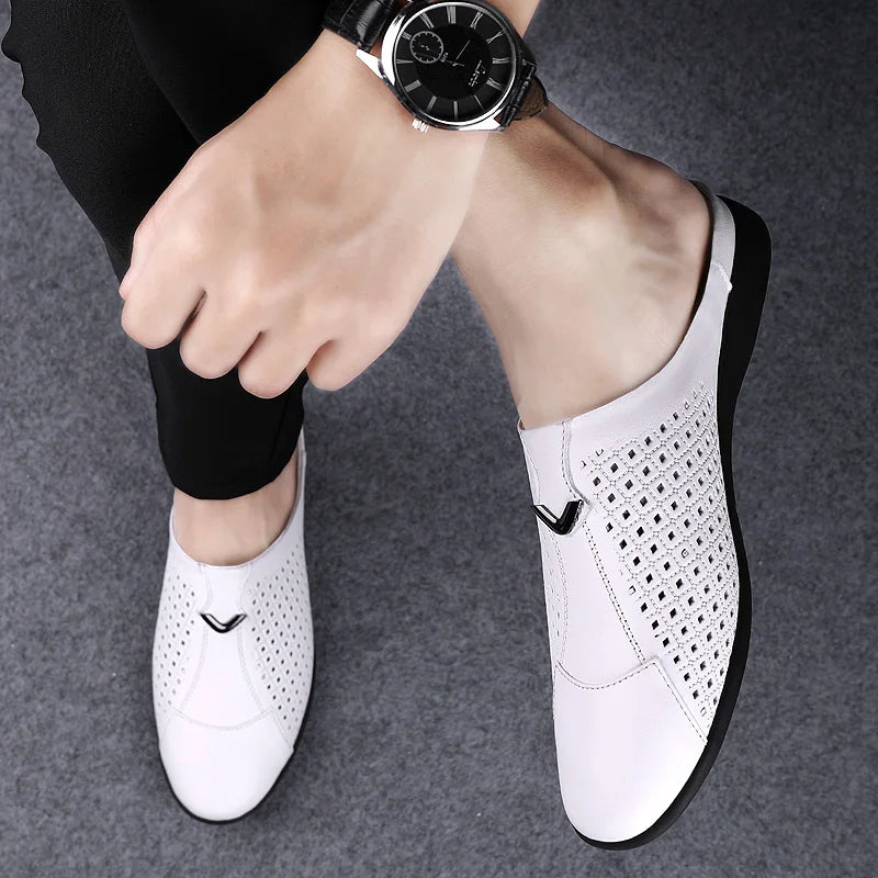 Summer Men Shoes Casual Brand Mens Penny Loafers Genuine Leather Luxury Half Slipper For Men Breathable Lazy Driving Shoes Man