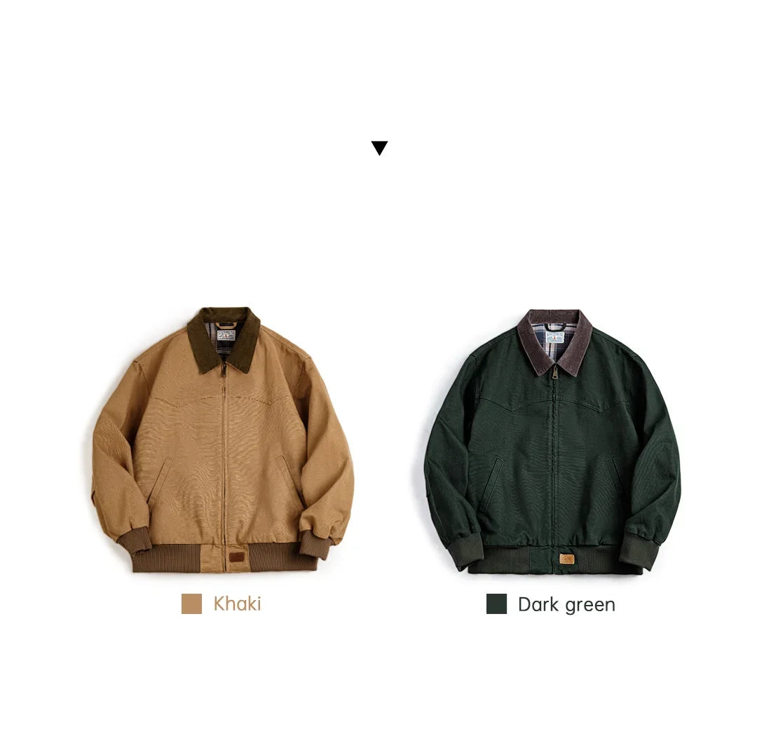 Retro Heavyweight Santafe Canvas Jackets Cotton Corduroy Lapel Ribbed Hem Cuffs Short Jacket for Men's Autumn Overcoat