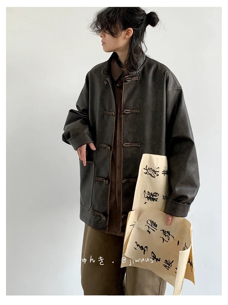 Spring Cool Oversized Vintage Distressed Pu Leather Jacket Men Elegant Luxury Designer Chinese Style Clothes 2024