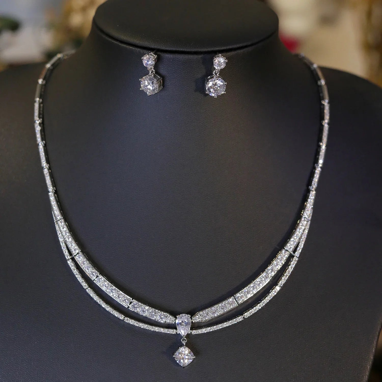 High Quality Cubic Zirconia Bridal Wedding Jewelry Water Drop Pedant Necklace 2PCS Set Lady Party Accessories X0654