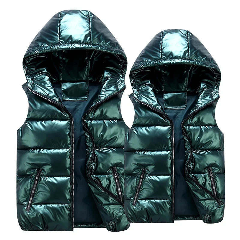 Classic Hooded Vest Man/Woman/Child Winter Hooded Glossy Cotton Vest Casual Waistcoat Men's Sleeveless Jacket Warm Overcoats Hat