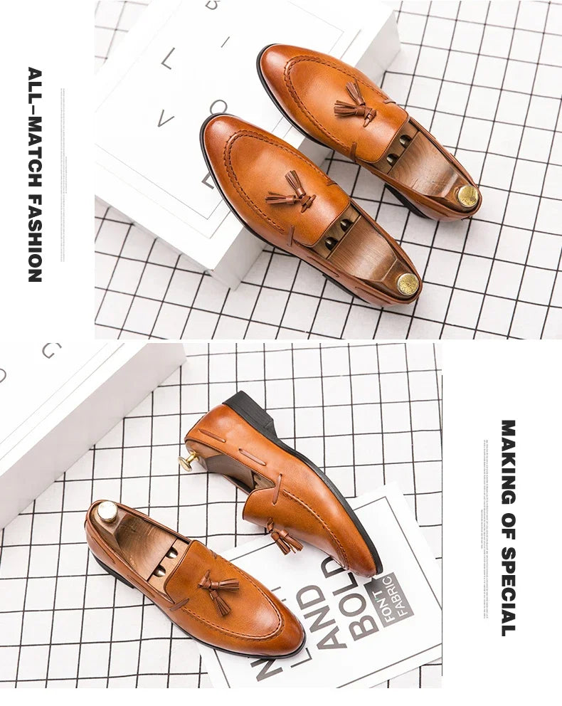 2025 New Men Leather Shoes Pointed Toe Formal Dress Shoes Slip On Men Loafer Tassel Shoe Zapatos Hombre