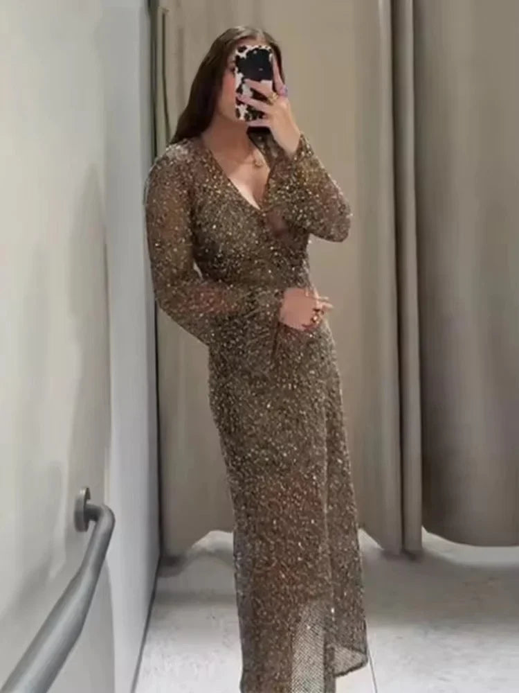 Sexy Sequined Long Pleated Dress Women Deep V-neck Full Sleeve See Through Dresses 2026 Summer Lady Party Evening Dresses ﻿