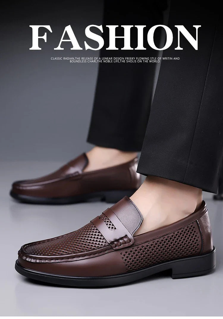 2026 Summer New Men's Breathable Leather Loafers Slip-On Hollow Out Casual Business Casual Shoes for Man Flat Driving Shoes Male