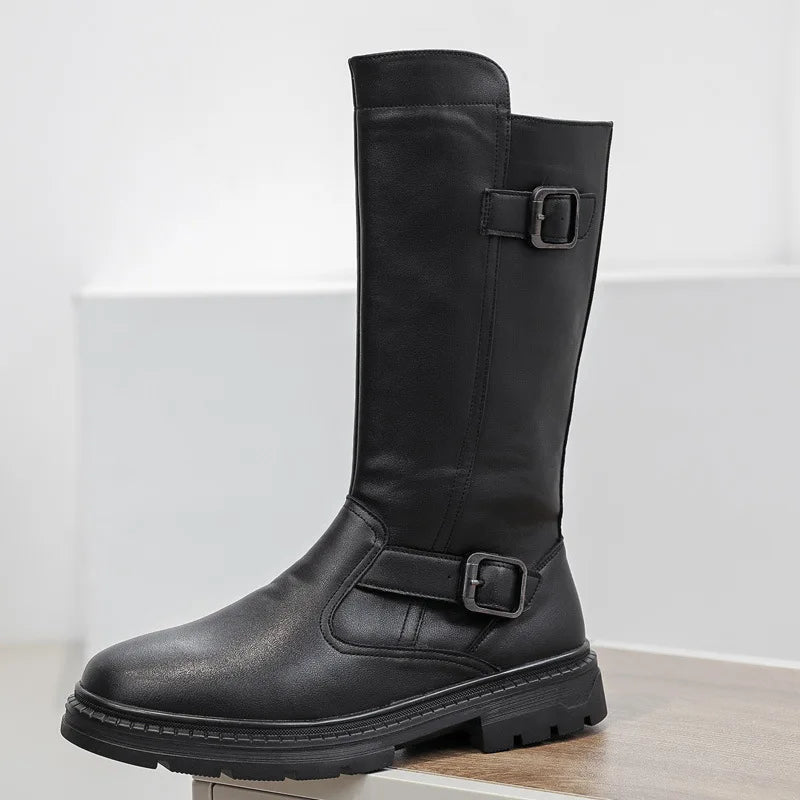 Size 38-46 Men's Fashionable High-Top Leather Boots Genuine Cowhide Shoes Side Zipper Thick-Sole Cowboy Boots for Everyday Wear
