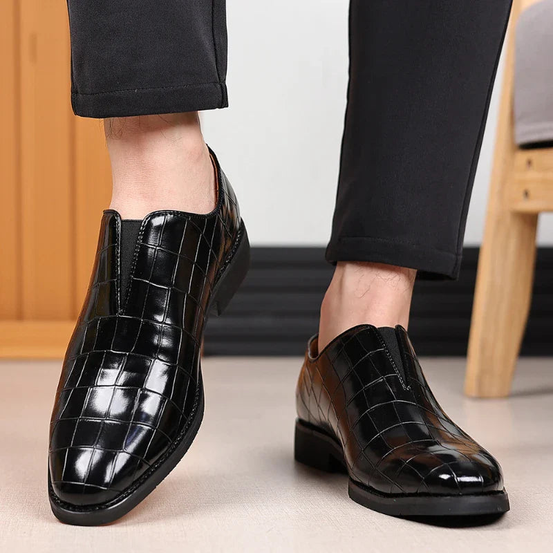 Mens Classic Temperament Brown Crocodile Embossed Leather Loafers Slip On Formal Dress Shoes For Business Office And Casual Wear