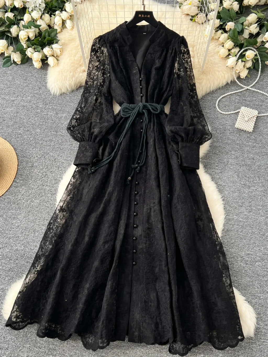 High-End Women's Dress Heavy Embroidery A-Line Long Skirt V-Neck Lantern Sleeve Single Button High Waist Korean Style Commute