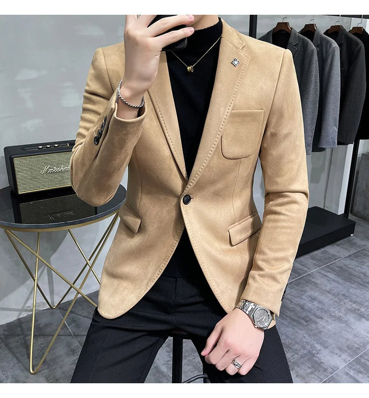 Plus Size 4XL-M Autumn Deerskin Velvet Jackets Blazer 6 Color Men Business Slim Blazers Hommes Casual Wedding Tuxedo Suit Coat