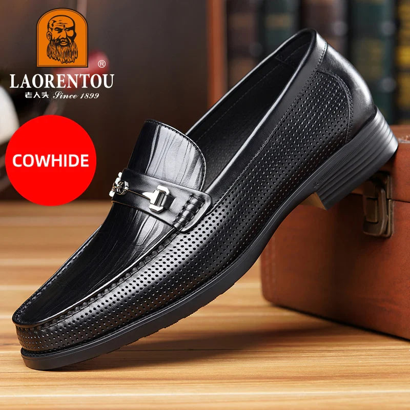 LAORENTOU men's bean shoes, genuine leather hollow out breathable business casual dad leather sandals, soft soled loafers10790DW