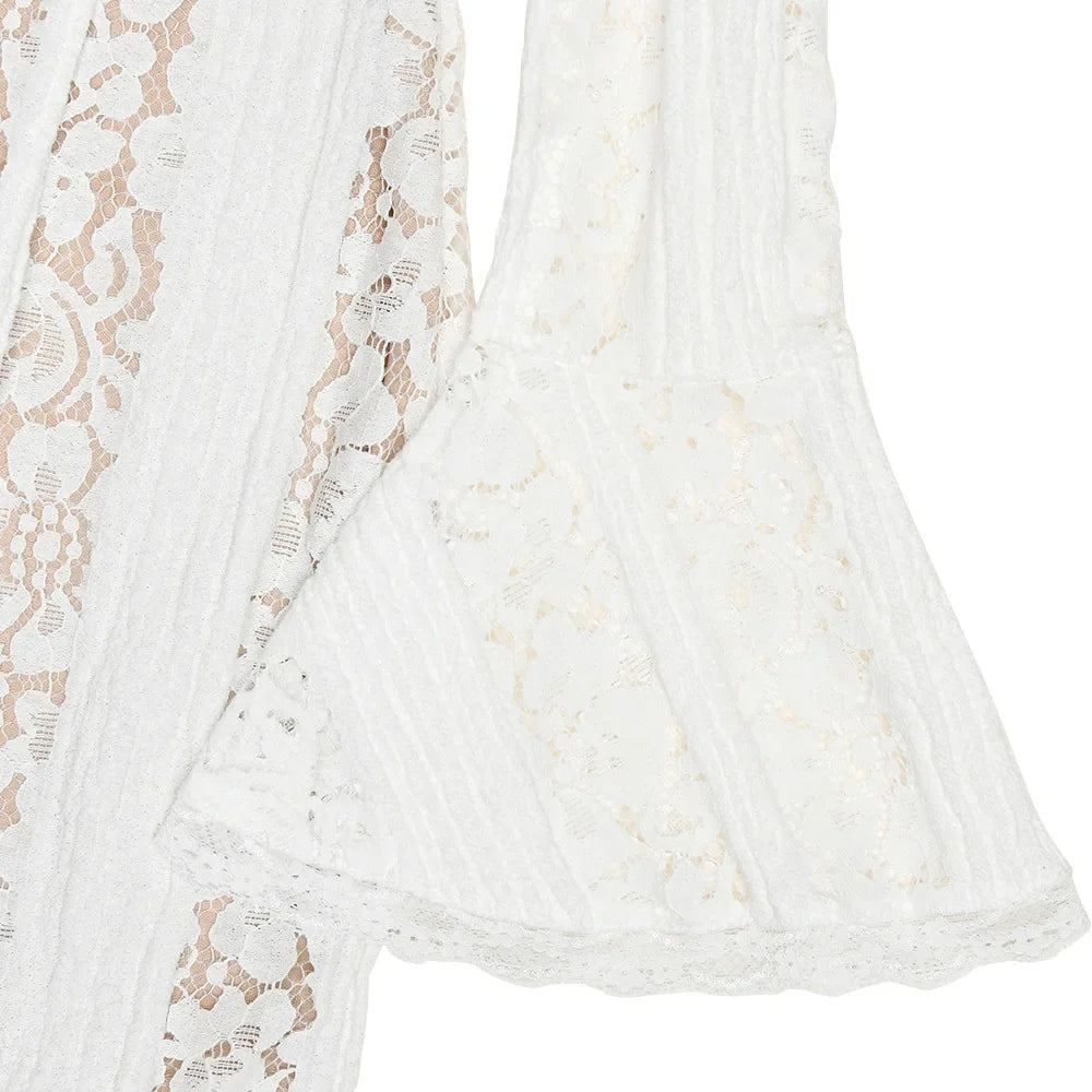 Oligai Elegant Off The Shoulder Bodycon Dress 2024 New in White Flare Sleeve Lace Maxi Dress Wedding Guest Dress for Women
