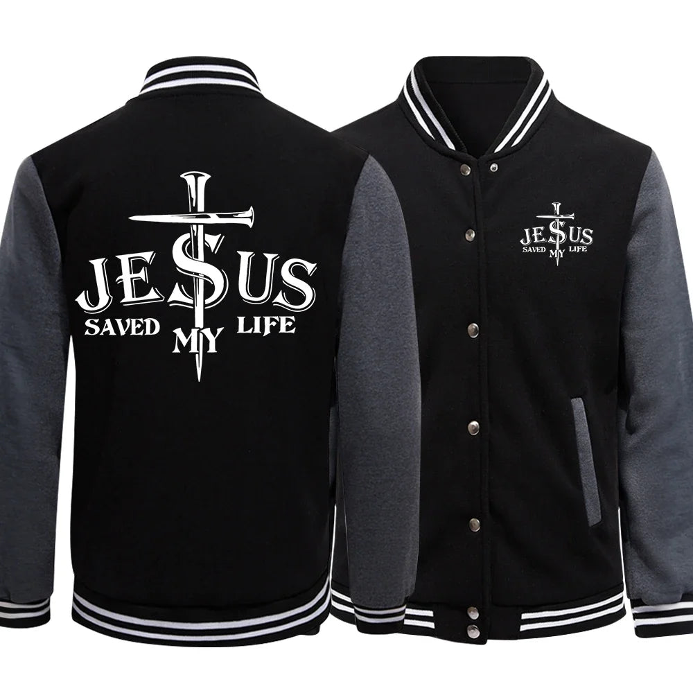 Jesus Saved My Life Letter Graphic Men'S Jackets Preppy Style Baseball Uniforms Casual S-5Xl High Street Motion Clothing