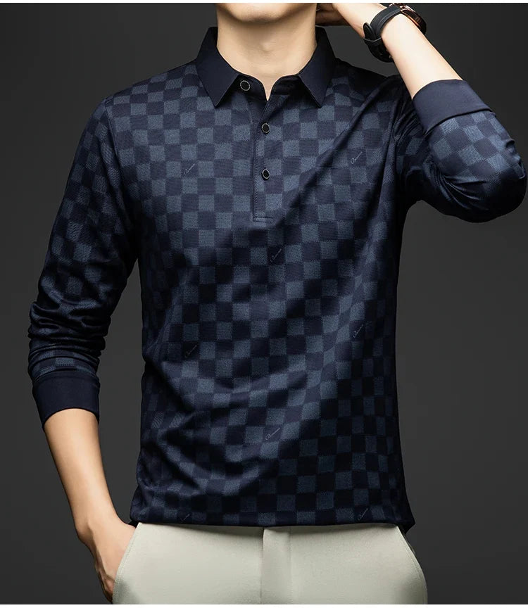 Polo Shirts for Man Autumn Business Slim Fit Long Sleeve T Shirt Men 2026 New Casual Loose Pullover Plaid Men Tops & Tees