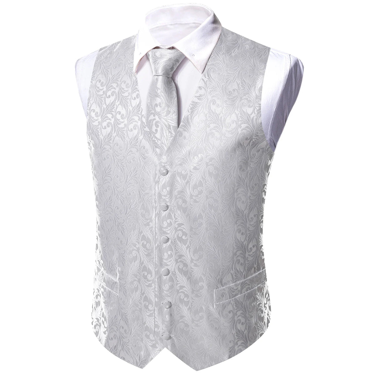 White Scroll Pattern V-Neck Waistcoat 4-In-1 Kit Tie Square Cufflinks For Bridal Shower Outdoor Wedding