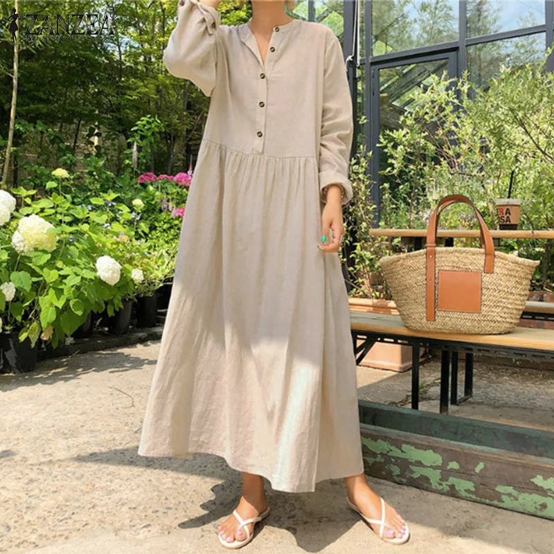 Women's Elegant Solid Cotton Robe Femme 2022 Spring Autumn Bohemian Maxi Dress ZANZEA Casual Long Sleeve Shirt Dresses Oversized