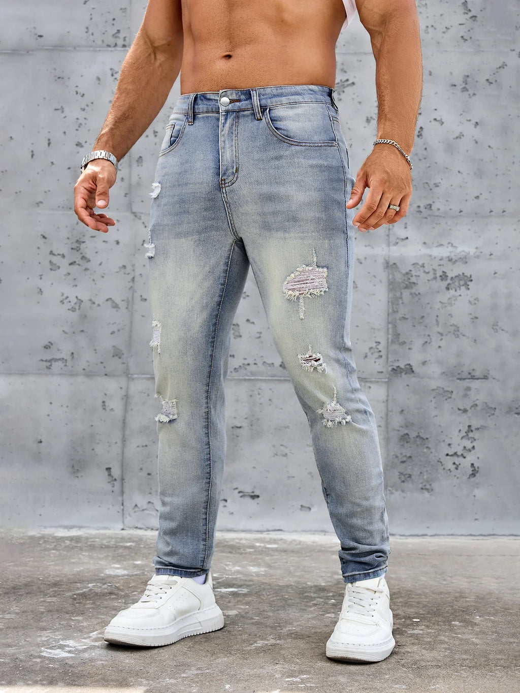 Men's Casual Slim Fit Stretch Jeans-Ripped Blue Denim Trousers Spring and Summer Pants Elastane Fabric