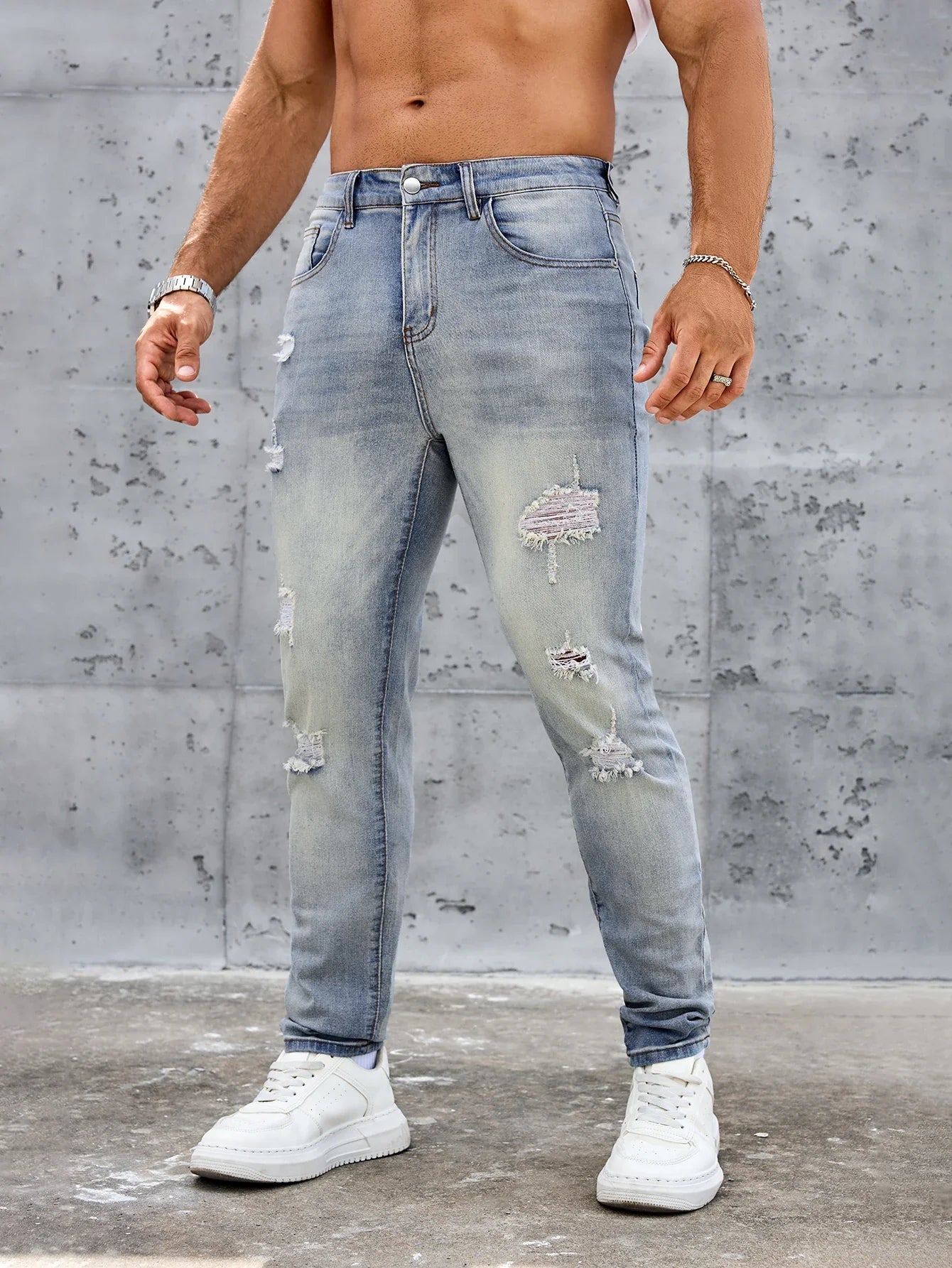 Men's Casual Slim Fit Stretch Jeans-Ripped Blue Denim Trousers Spring and Summer Pants Elastane Fabric