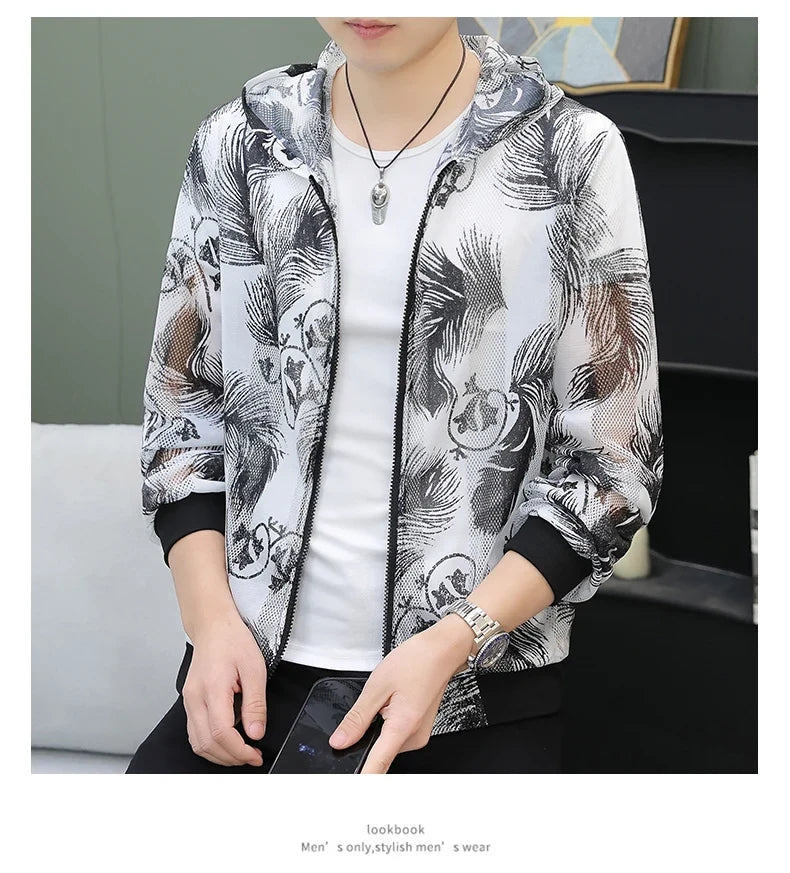 Men's Summer Mesh Sun Protection Clothing Trendy Stripe Print Ice Silk Cool Feeling Breathable Quick Dry Hooded Jacket
