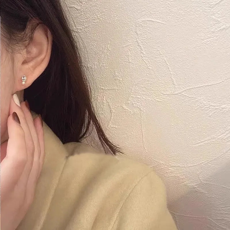925 Sterling Silver Blue Zircon Pearl Stud Earrings for Women Korean Simple Temperament Jewelry Accessories