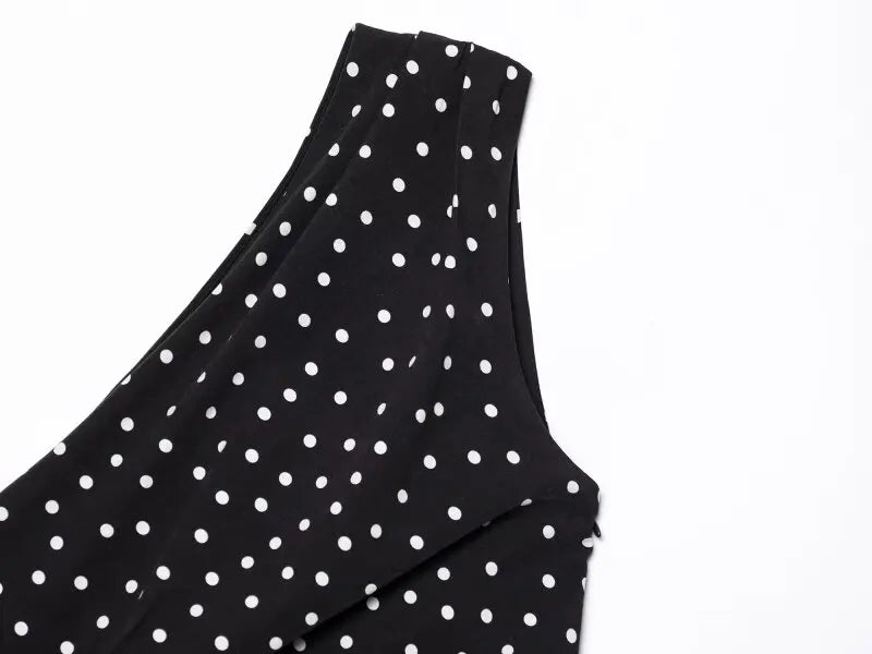 Women One Shoulder Sleeveless Polka Dot Mini Dress Ruched Waist Ruffle Hem Elegant Casual Party Short Dress Spring Summer