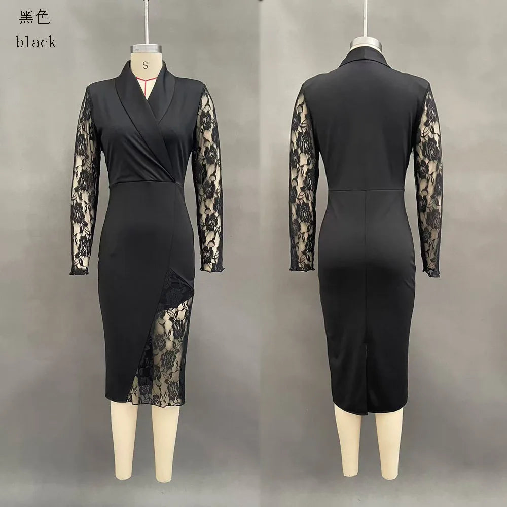 2026 Sexy Black Lace Women's Slim Fit Dress Spring Fashion V-neck Long Sleeved Hip Hugging Dresses Ladies High Waist Party