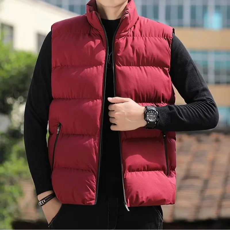 Men's down Vest Thickened Casual Style Stand Collar Jacket Autumn Winter New Fashion Youth Active Fit Zipper Pocket Daily Wear