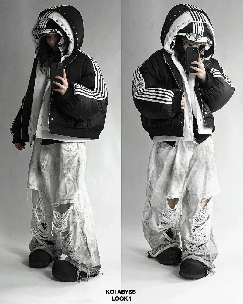 Unisex Harajuku street zip jacket, striped cotton-padded warm coat, goth hip hop style, S–XXL