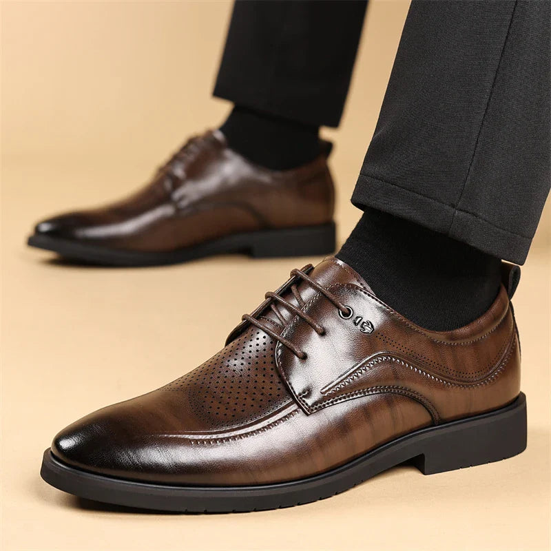 Men's Summer Breathable Leather Shoes Hollow out Comfortable Fashionable Business Formal Derby Shoes British Style-SJ2502-1