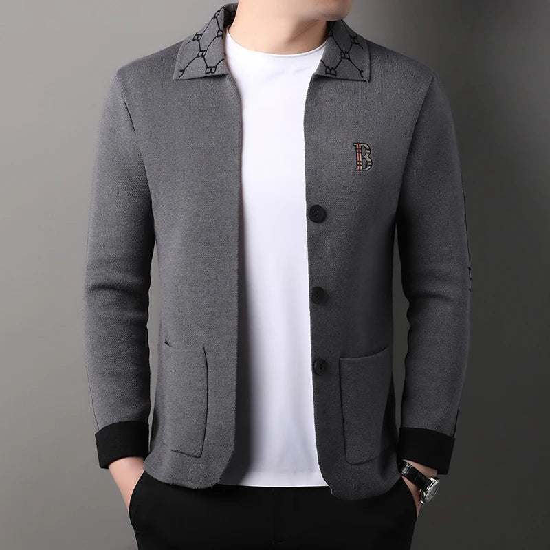 Luxury Brand Men's Autumn Winter Lapel Embroidered Sweater Coat Fashionable Business Three-dimensional Pocket Warm Knitted Jacke