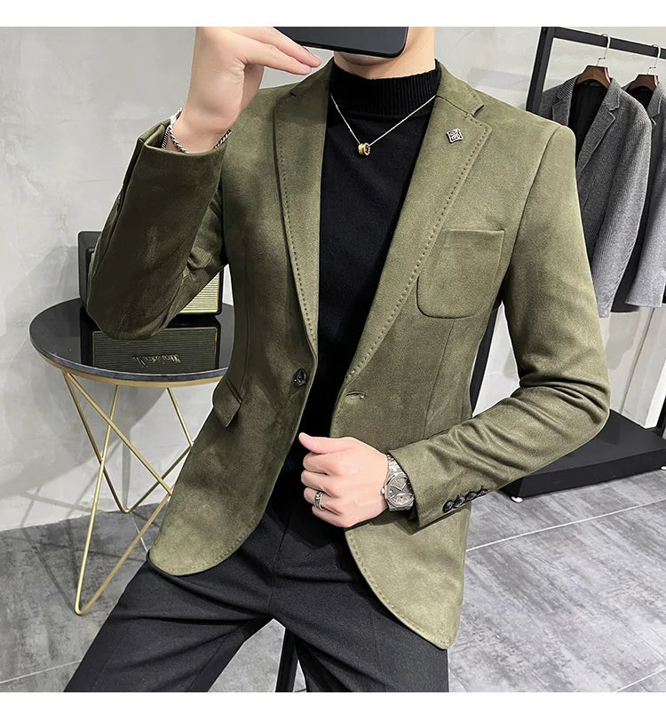 Plus Size 4XL-M Autumn Deerskin Velvet Jackets Blazer 6 Color Men Business Slim Blazers Hommes Casual Wedding Tuxedo Suit Coat