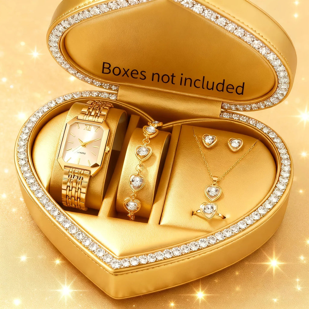 6pcs Elegant Rectangle Women Watches Heart Pendant Jewelry Set Ladies Quartz Wristwatch Reloj Mujer（Without Box）