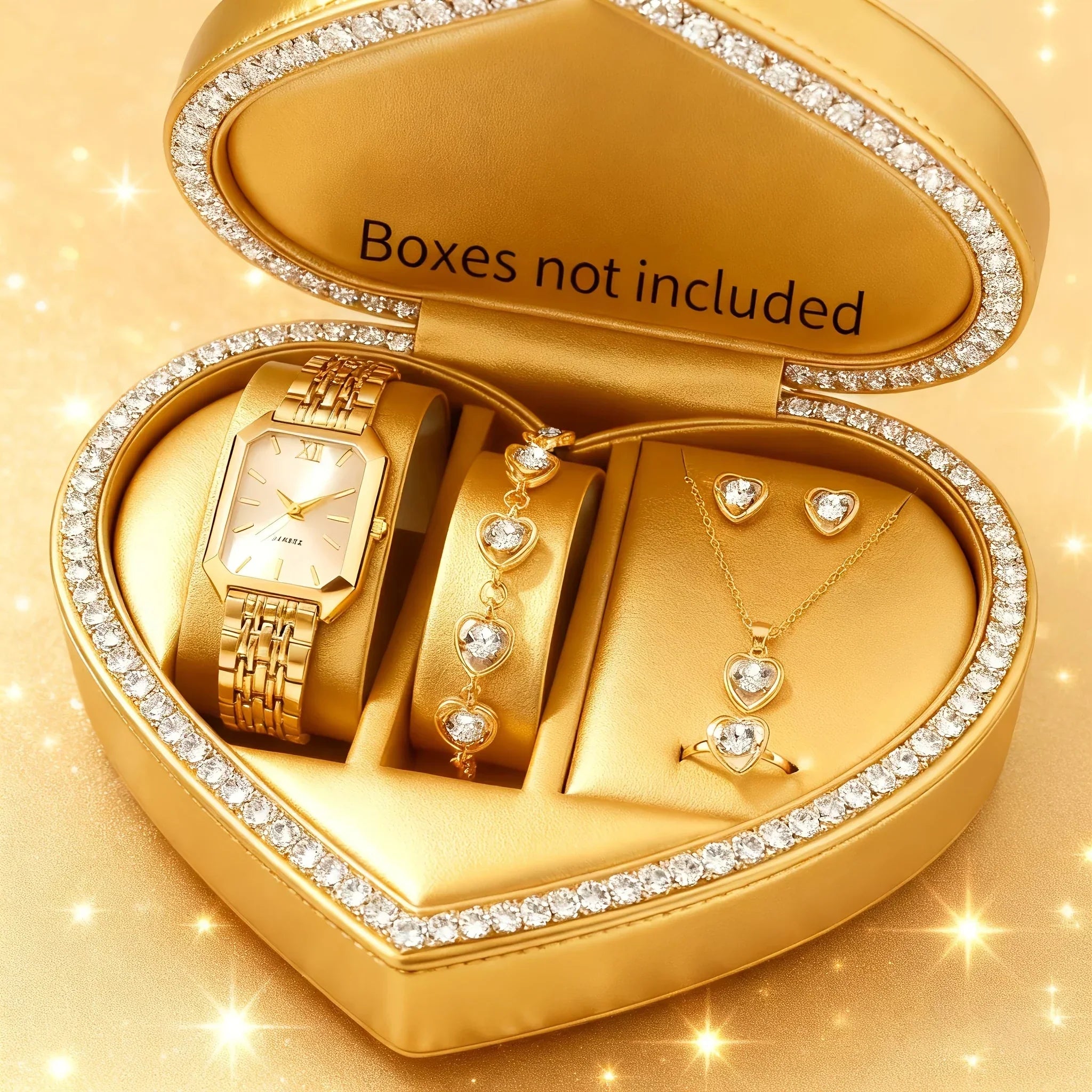 6pcs Elegant Rectangle Women Watches Heart Pendant Jewelry Set Ladies Quartz Wristwatch Reloj Mujer（Without Box）