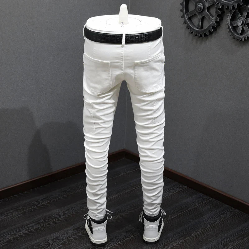 High Street Fashion Men Jeans White Elastic Stretch Skinny Jeans