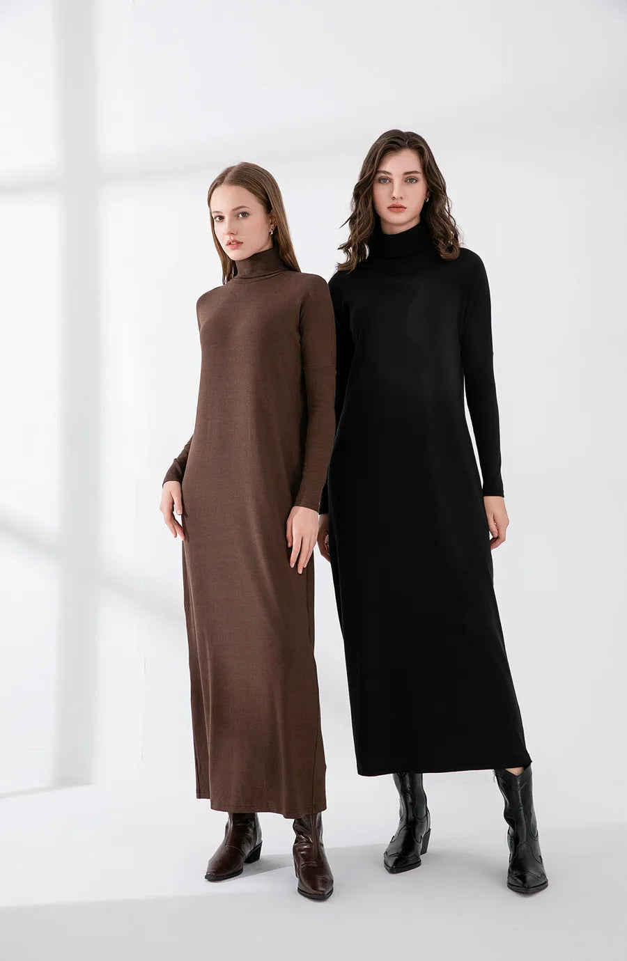 2024 winter turteneck thicken ribbing dress soft and comfortable basic turn-down collar maxi dress ( Ship out in 1 day)