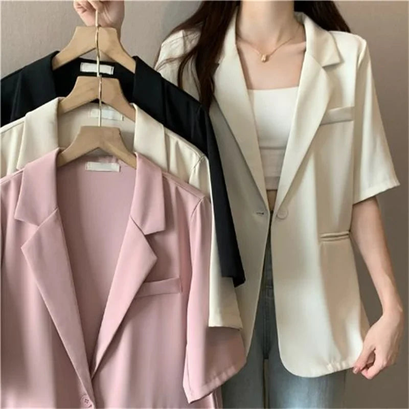 2026 Female Short Sleeved Suit Coat Women Summer Loose Fitting Solid Color Blazer Jacket Ladies Korean Leisure Tops Outerwear