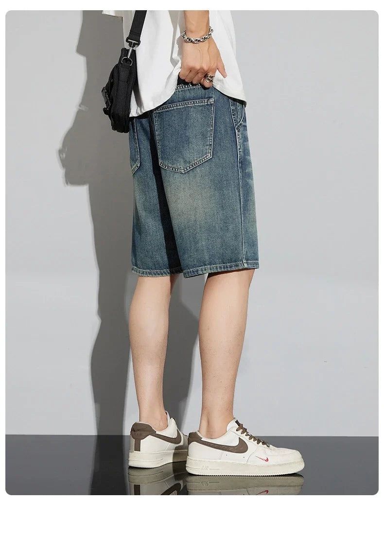 Summer Vintage Denim Shorts Men's Fashion Straight Casual Loose Streetwear Bermuda Jeans Male Short Pants Streetwear