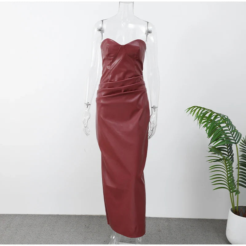 Women Burgundy Sexy Pu Leather Strapless Dress