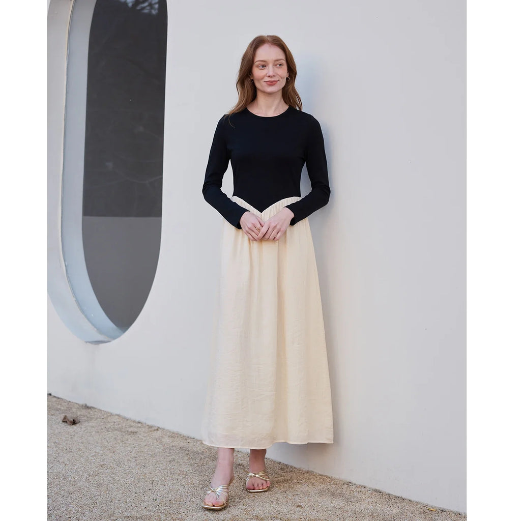 SS2026 Women Crinkle Dress Jersey Top Black Patchwork Apricot Elegant Lady Maxi Dress