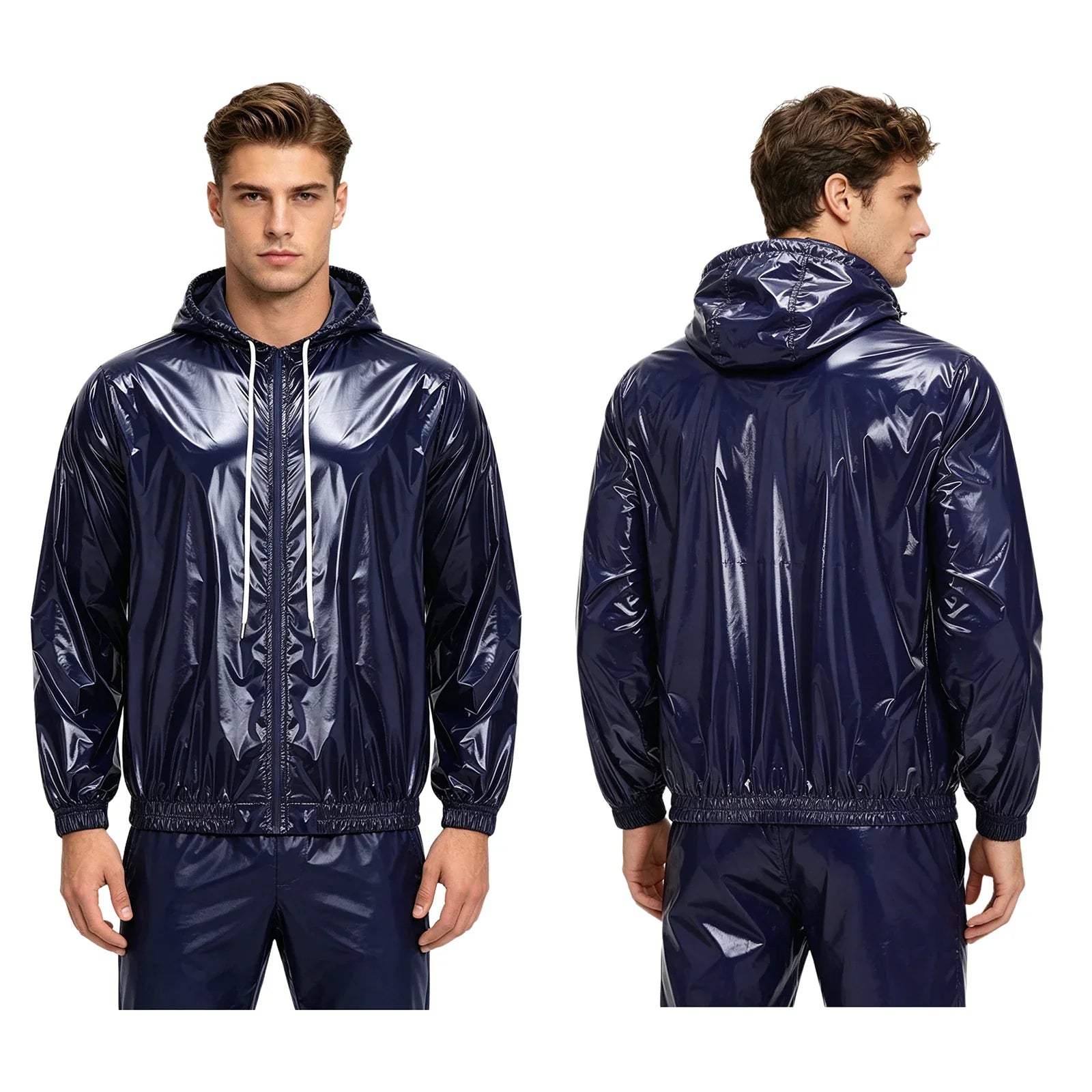Mens Waterproof Hooded Raincoat Long Sleeve Front Zipper Rain Jacket Windbreaker with Drawstring Hood for Hiking Fishing Biking